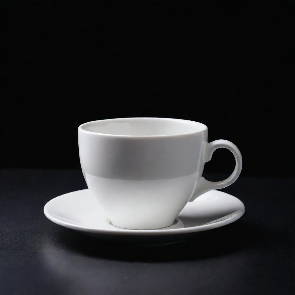 A pristine white cup, immaculate in detail, placed on a contrasting dark background.