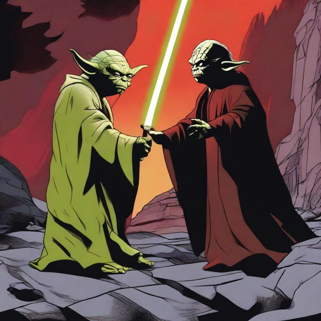 Master Yoda from Star Wars facing off against Darth Sidious in a rocky, lava-filled environment