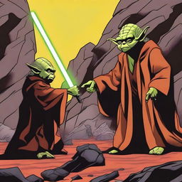 Master Yoda from Star Wars facing off against Darth Sidious in a rocky, lava-filled environment