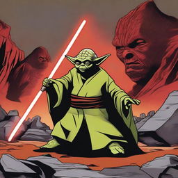 Master Yoda from Star Wars facing off against Darth Sidious in a rocky, lava-filled environment