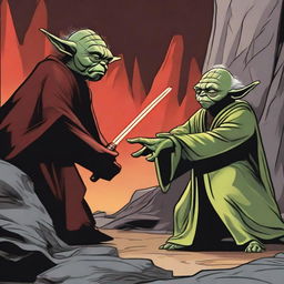 Master Yoda from Star Wars facing off against Darth Sidious in a rocky, lava-filled environment