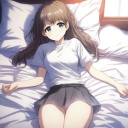 An anime girl with a semi-transparent t-shirt and a very small skirt, lying on a bed