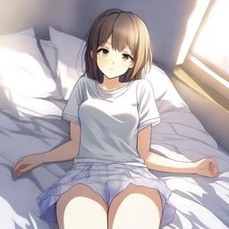 An anime girl with a semi-transparent t-shirt and a very small skirt, lying on a bed