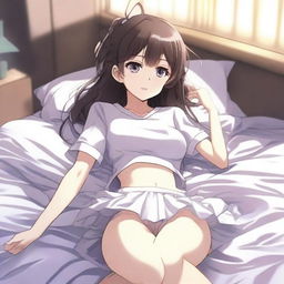 An anime girl with a semi-transparent t-shirt and a very small skirt, lying on a bed