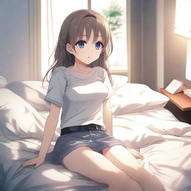 An anime girl with a semi-transparent t-shirt and a very small skirt, lying on a bed