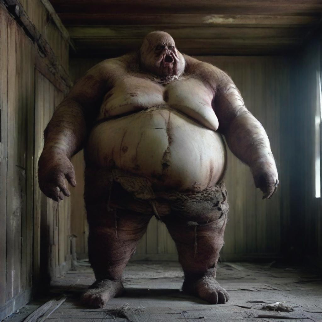 Create an image of a very fat and big humanoid in a rotting wooden room