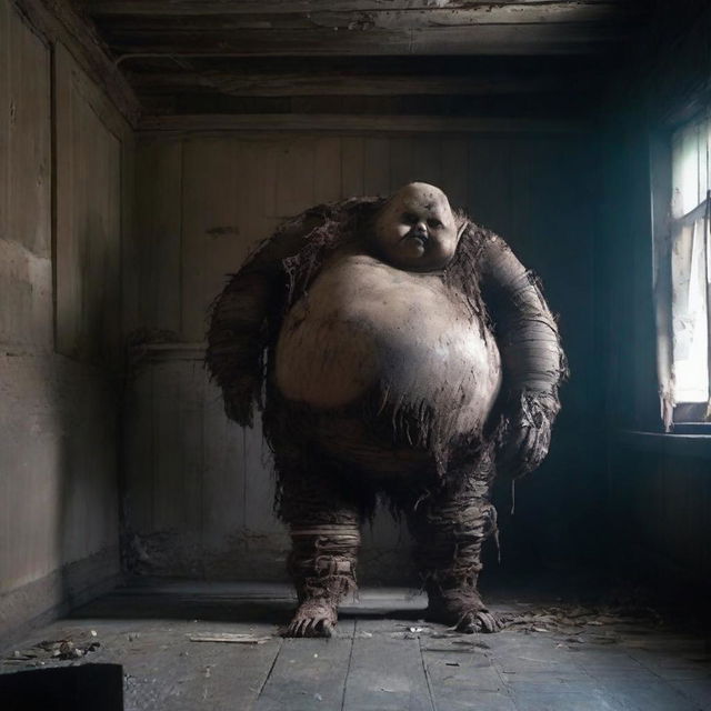 Create an image of a very fat and big humanoid in a rotting wooden room