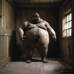 Create an image of a very fat and big humanoid in a rotting wooden room