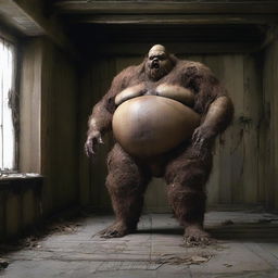 Create an image of a very fat and big humanoid in a rotting wooden room