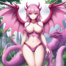 A detailed anime-style illustration of a girl in a revealing pink dragon cosplay