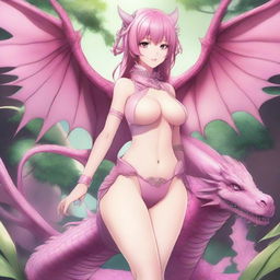 A detailed anime-style illustration of a girl in a revealing pink dragon cosplay