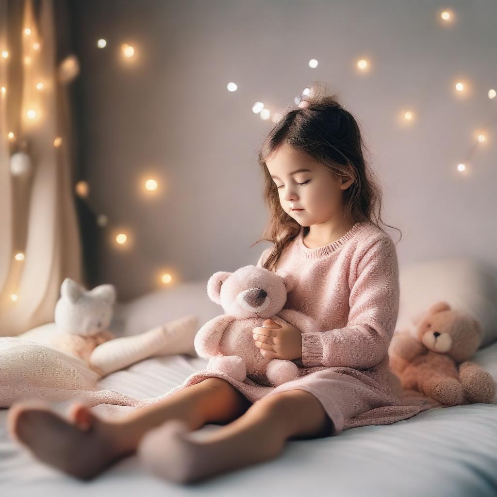 A little girl sitting on a cozy bed with a small stuffed animal in her hands