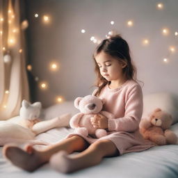 A little girl sitting on a cozy bed with a small stuffed animal in her hands