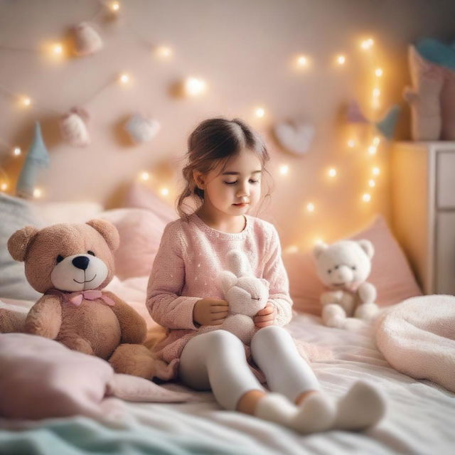 A little girl sitting on a cozy bed with a small stuffed animal in her hands