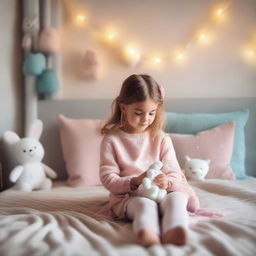 A little girl sitting on a cozy bed with a small stuffed animal in her hands