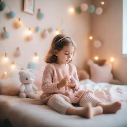 A little girl sitting on a cozy bed with a small stuffed animal in her hands