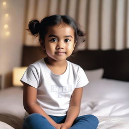 A cute little girl wearing a small t-shirt, sitting on a bed