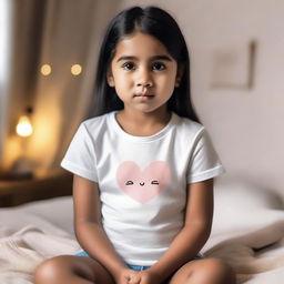 A cute little girl wearing a small t-shirt, sitting on a bed