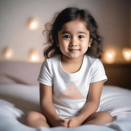 A cute little girl wearing a small t-shirt, sitting on a bed