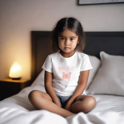 A cute little girl wearing a small t-shirt, sitting on a bed