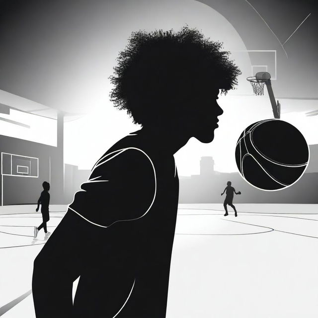 Create an image featuring a completely black silhouette of a person with afro hair, set against the background of a basketball court