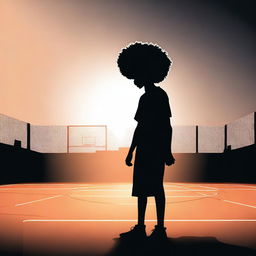 Create an image featuring a completely black silhouette of a person with afro hair, set against the background of a basketball court