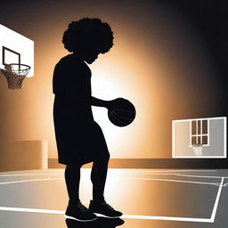 Create an image featuring a completely black silhouette of a person with afro hair, set against the background of a basketball court