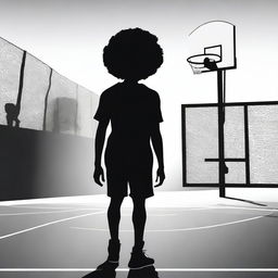 Create an image featuring a completely black silhouette of a person with afro hair, set against the background of a basketball court