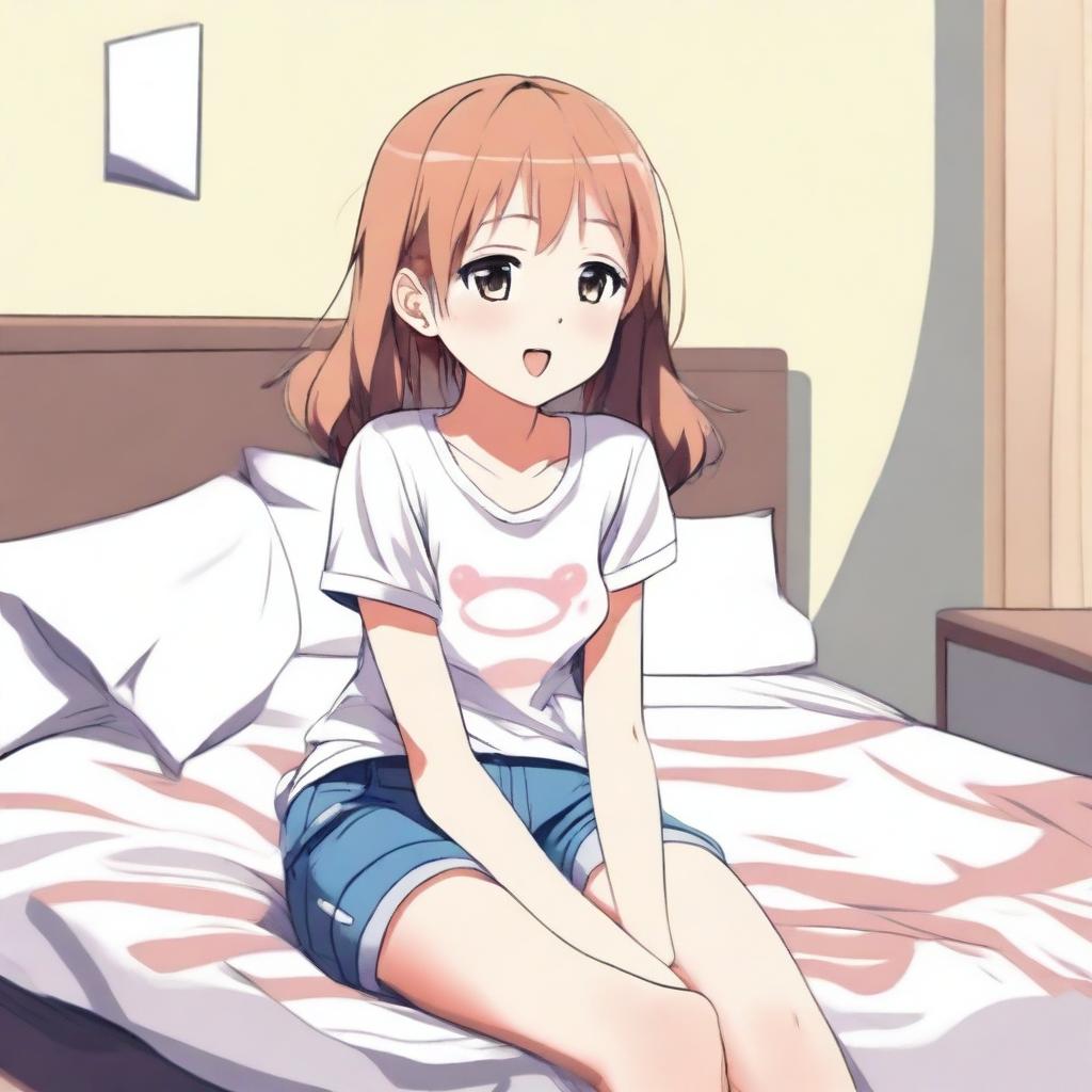 An anime-style illustration of a cute girl with a small t-shirt, sitting on a bed