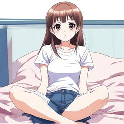 An anime-style illustration of a cute girl with a small t-shirt, sitting on a bed