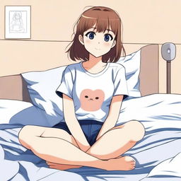 An anime-style illustration of a cute girl with a small t-shirt, sitting on a bed