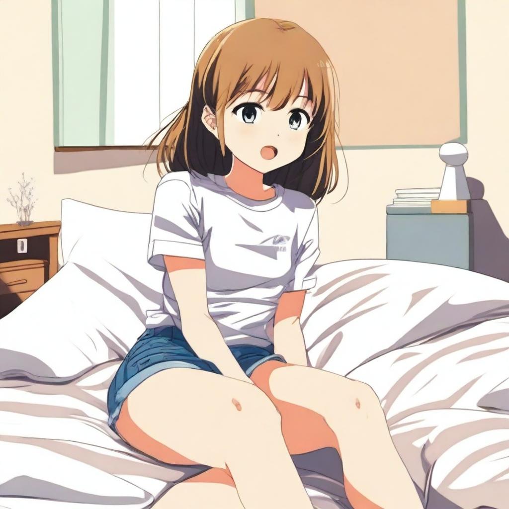 An anime-style illustration of a cute girl with a small t-shirt, sitting on a bed