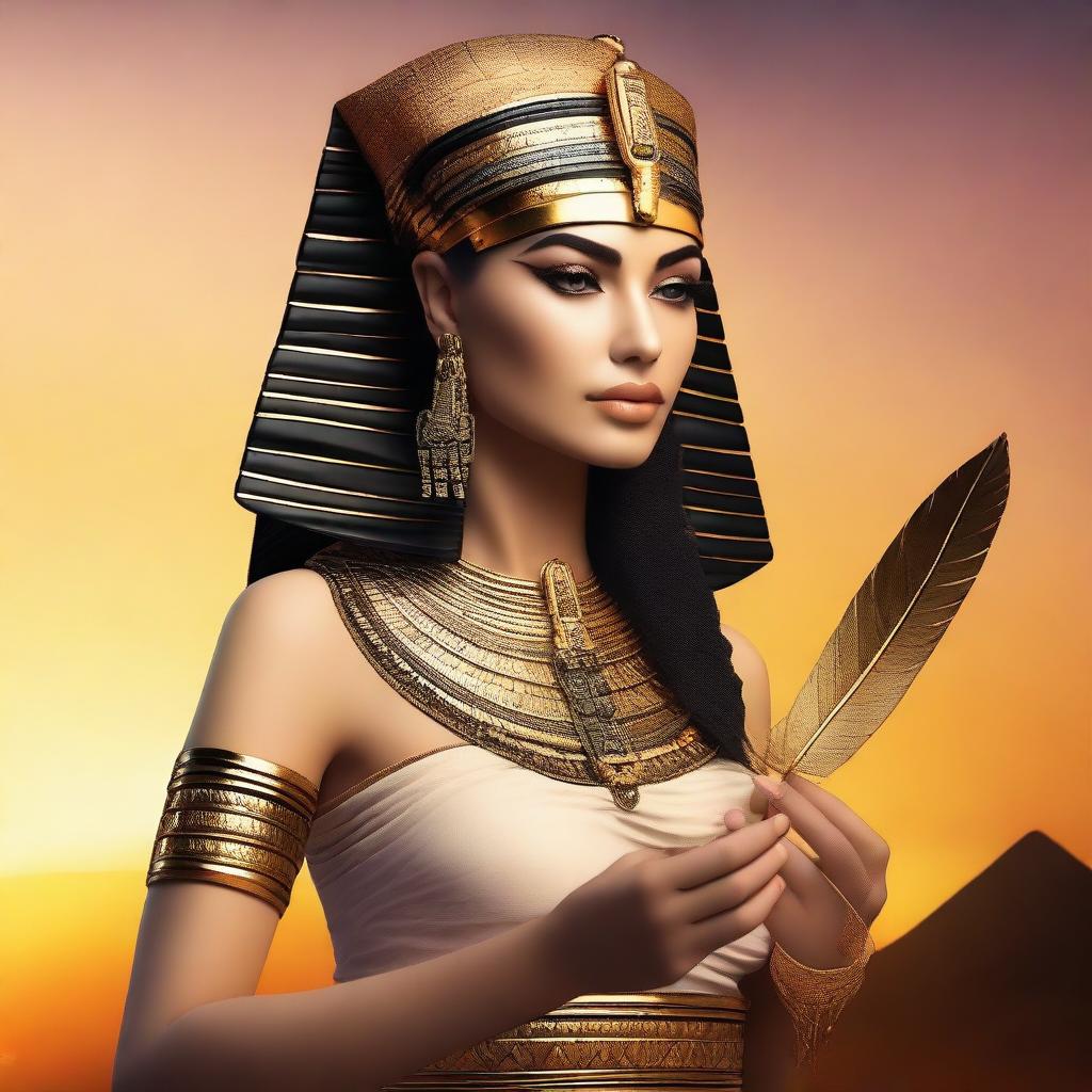 A beautiful woman dressed in Egyptian clothing, holding a writing feather in her hand