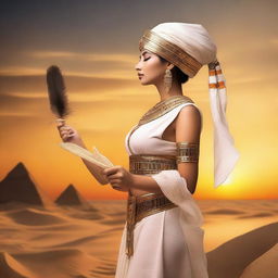 A beautiful woman dressed in Egyptian clothing, holding a writing feather in her hand