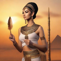 A beautiful woman dressed in Egyptian clothing, holding a writing feather in her hand