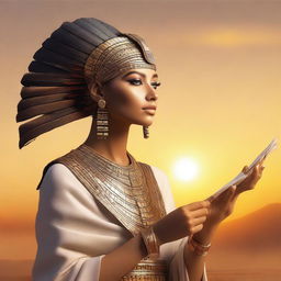 A beautiful woman dressed in Egyptian clothing, holding a writing feather in her hand