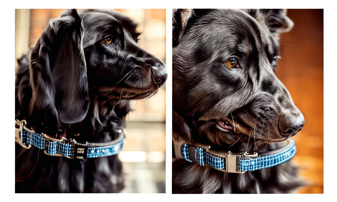 An Instagram post featuring a model dog wearing two new pieces from GlimPet's collection - a stylish collar and matching leash. The image highlights the elegance and style of GlimPet.