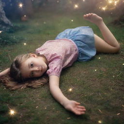 A young girl defeated and lying on the ground in a magical world sparkling with enchanted elements around her.