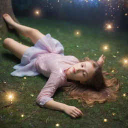 A young girl defeated and lying on the ground in a magical world sparkling with enchanted elements around her.