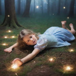 A young girl defeated and lying on the ground in a magical world sparkling with enchanted elements around her.