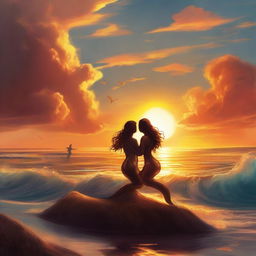 A beautiful sunset scene with the ocean where mermaids are playing