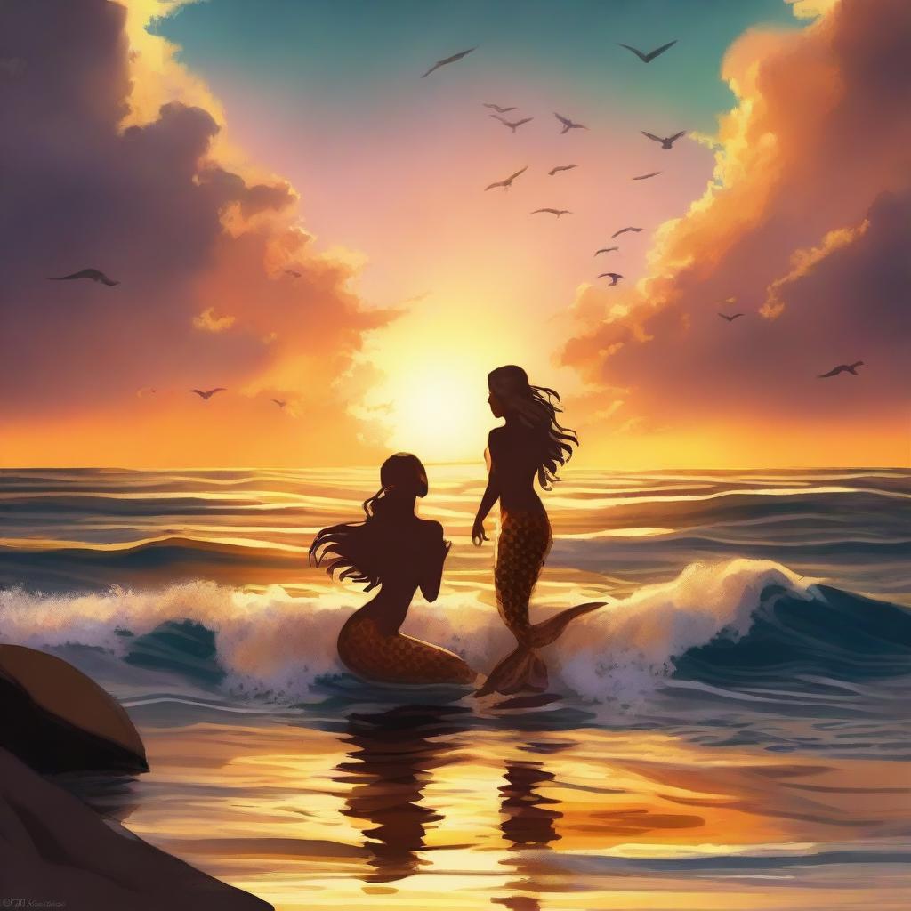 A beautiful sunset scene with the ocean where mermaids are playing