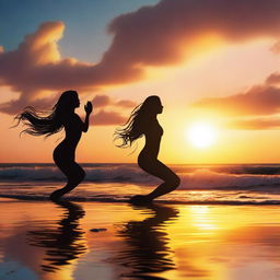 A beautiful sunset scene with the ocean where mermaids are playing