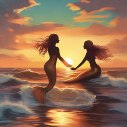 A beautiful sunset scene with the ocean where mermaids are playing