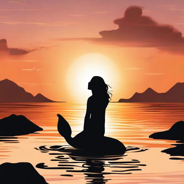 A serene ocean scene with a silhouette of a mermaid gracefully positioned in the foreground