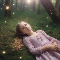 A young girl defeated and lying on the ground in a magical world sparkling with enchanted elements around her.