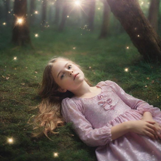 A young girl defeated and lying on the ground in a magical world sparkling with enchanted elements around her.