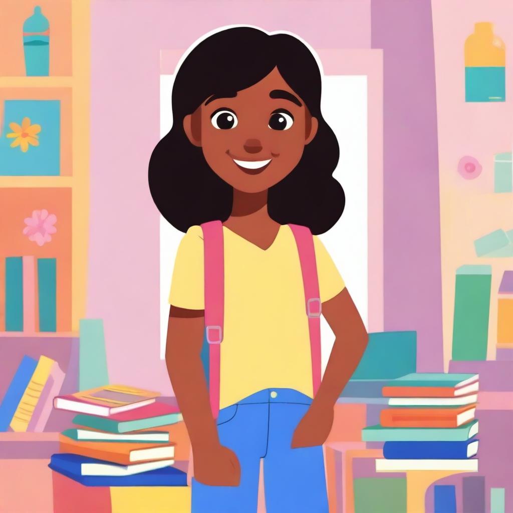 An animated teen girl with a cheerful expression holding a stack of books