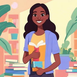 An animated teen girl with a cheerful expression holding a stack of books