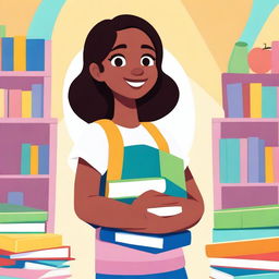 An animated teen girl with a cheerful expression holding a stack of books